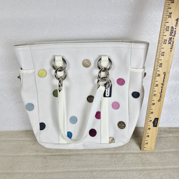 Limited Coach White Leather Multicolor Polka Dot Tote Bag 12676 Shoulder Purse - Picture 5 of 13